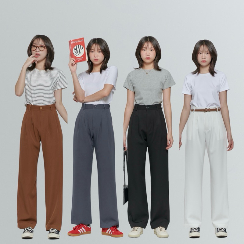 HELLOYELLOWLAND | iwory pants กางเกงผ้าทรงกระบอกกางเกงขากระบอก