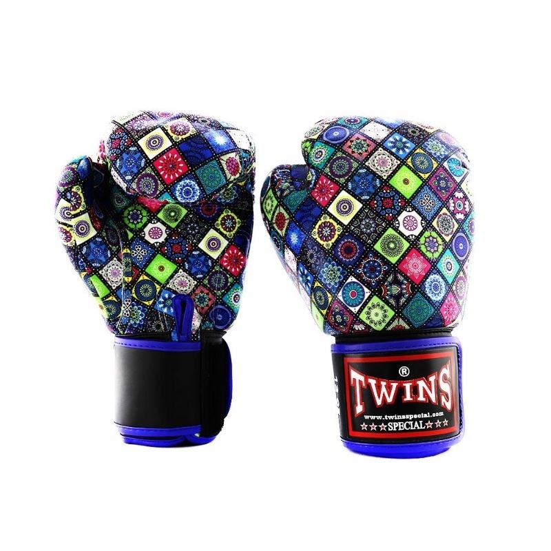 นวม Twins Special ลายโมเสกน้ำเงิน FBGVDM3-MSB นวมชกมวย  หนังเทียม PU