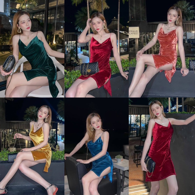เดรสสายเดี่ยวออกงาน ผ้ากำมะหยี่เงาๆสวยมากเดรสสายฝอชุดคริสต์มาส