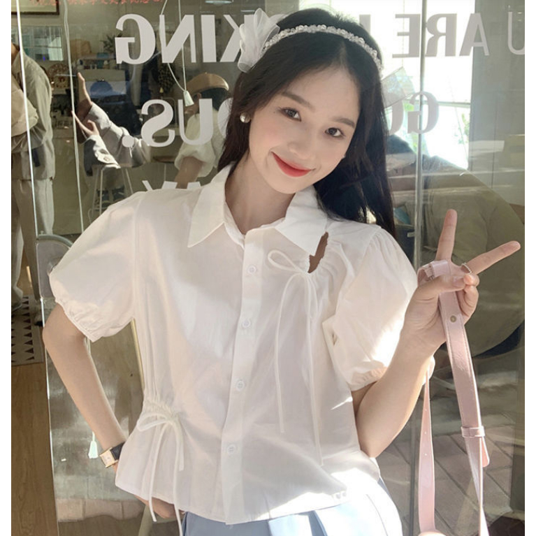 (พร้อมส่งจากไทย) เสื้อเชิ้ตแขนตุ๊กตาผูกโบว์น่ารัก [I29]