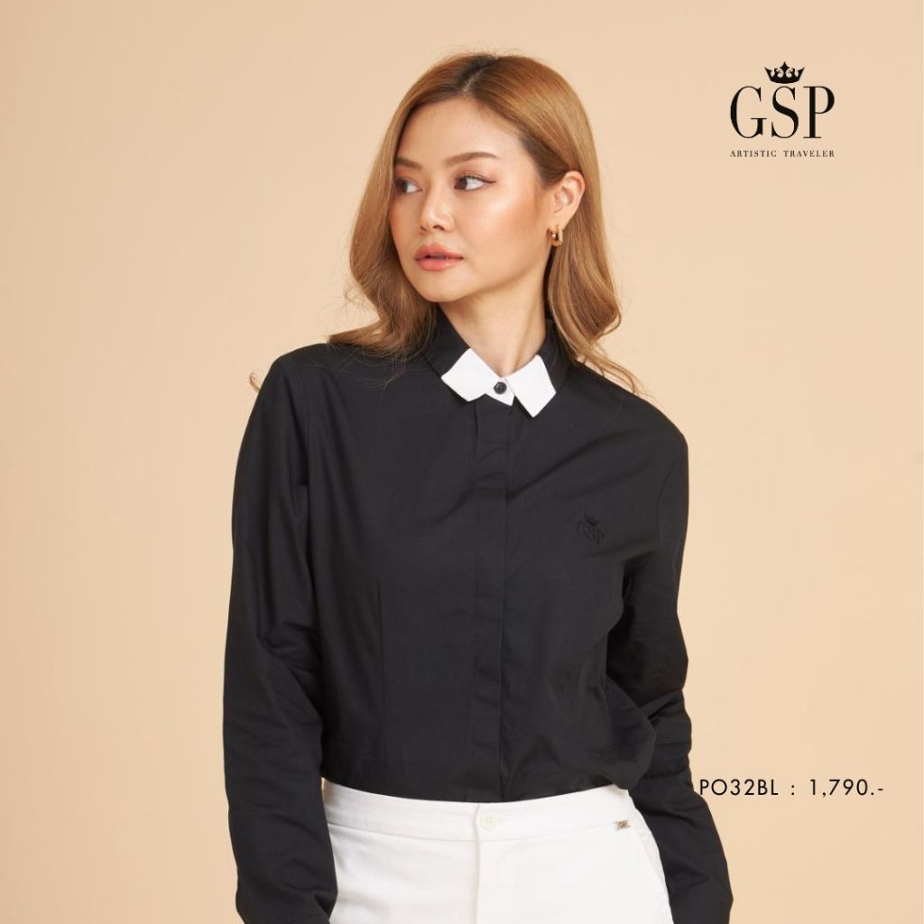 GSP จีเอสพี เสื้อเชิ้ต แขนยาว สีดำ แต่งขอบสีขาว (PO32BL)