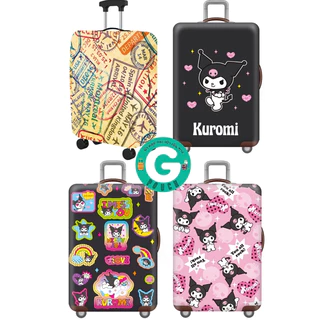 สำหรับ 18-32 นิ้ว ผ้าคลุมกระเป๋าเดินทาง พื้นดำลาย kuromi ตราประทับวินเทจครีมเข้ม แสตมป์วินเทจ