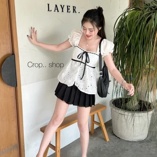 crop..shop เสื้อสาวชิค (มี7เเบบ) สายแฟห้ามพลาด ผ้าคอตต้อนปักฉลุ คอตต้อนไทย100% ดูแพง น่ารักสุดหรู เชือกรูดได้จริง สวยมาก