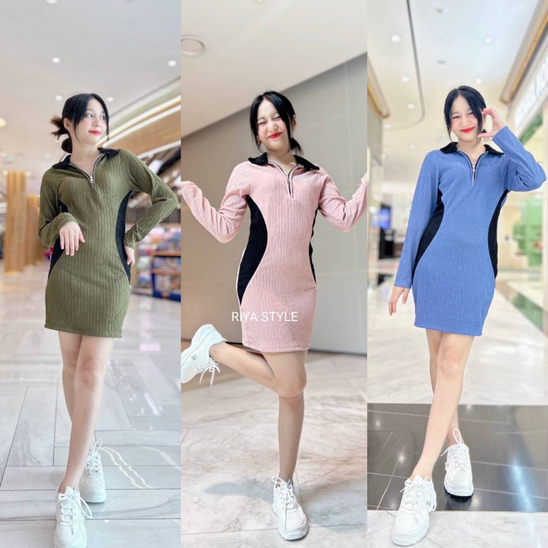 SALE🔥เดรสแขนยาวคอปกซิปคอทูโทน ทรงสวยพรางหุ่น สาวอวบใส่ได้ ผ้าท๊อฟฟี่ 5สี พร้อมส่ง!! SK1115