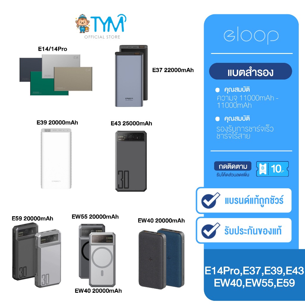 (กดติตดาม รับโค้ด)Orsen by eloop Power bank 20000mah E14Pro/ E37 /E39 /E43 / EW40 / EW55 / E59C/E59L