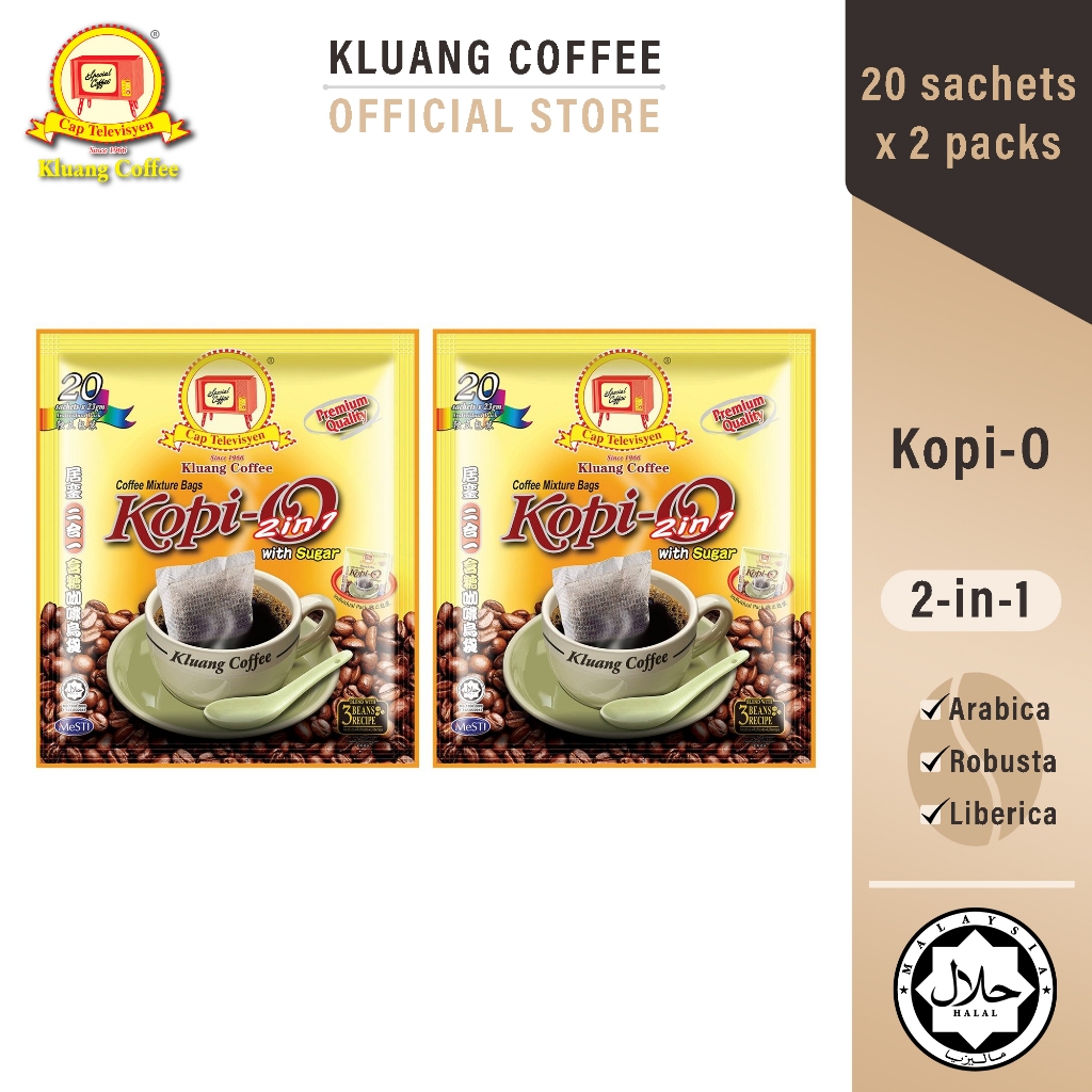 Kluang Black Coffee Cap Televisyen Kopi-O 2in1 + Sugar (20 sachet x 2 pack) กาแฟดำ 2in1 + น้ำตาล (20