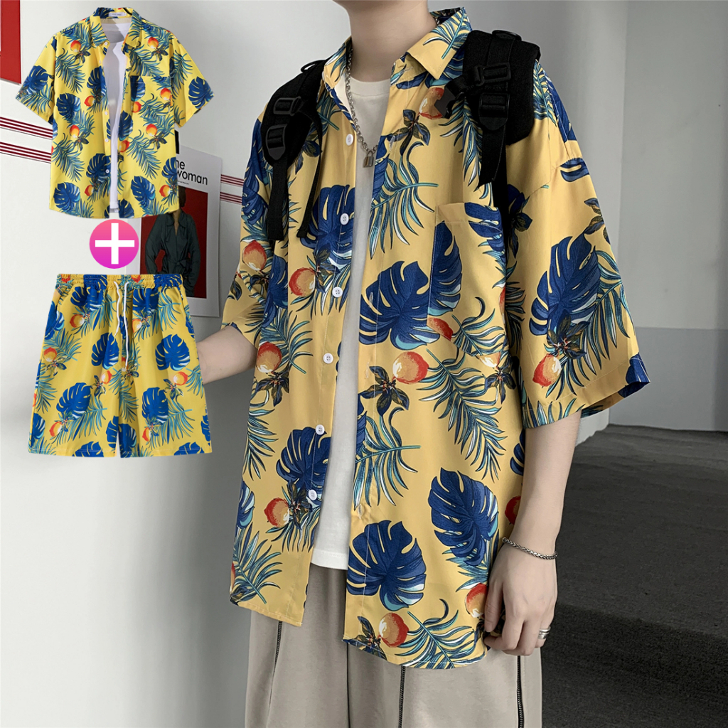New ชุดเสื้อฮาวาย+กางเกงขาสั้น เสื้อลายใหม่ล่าสุด 2pcs ลําลอง สไตล์ฮาวาย ใส่เที่ยวทะเลหรืออยู่บ้านชิลๆ