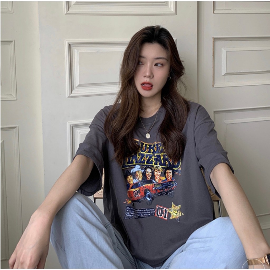 Korean เสื้อยืดสไตล์วินเทจ สีเทาเข้ม ลายวินเทจรถ 03-0