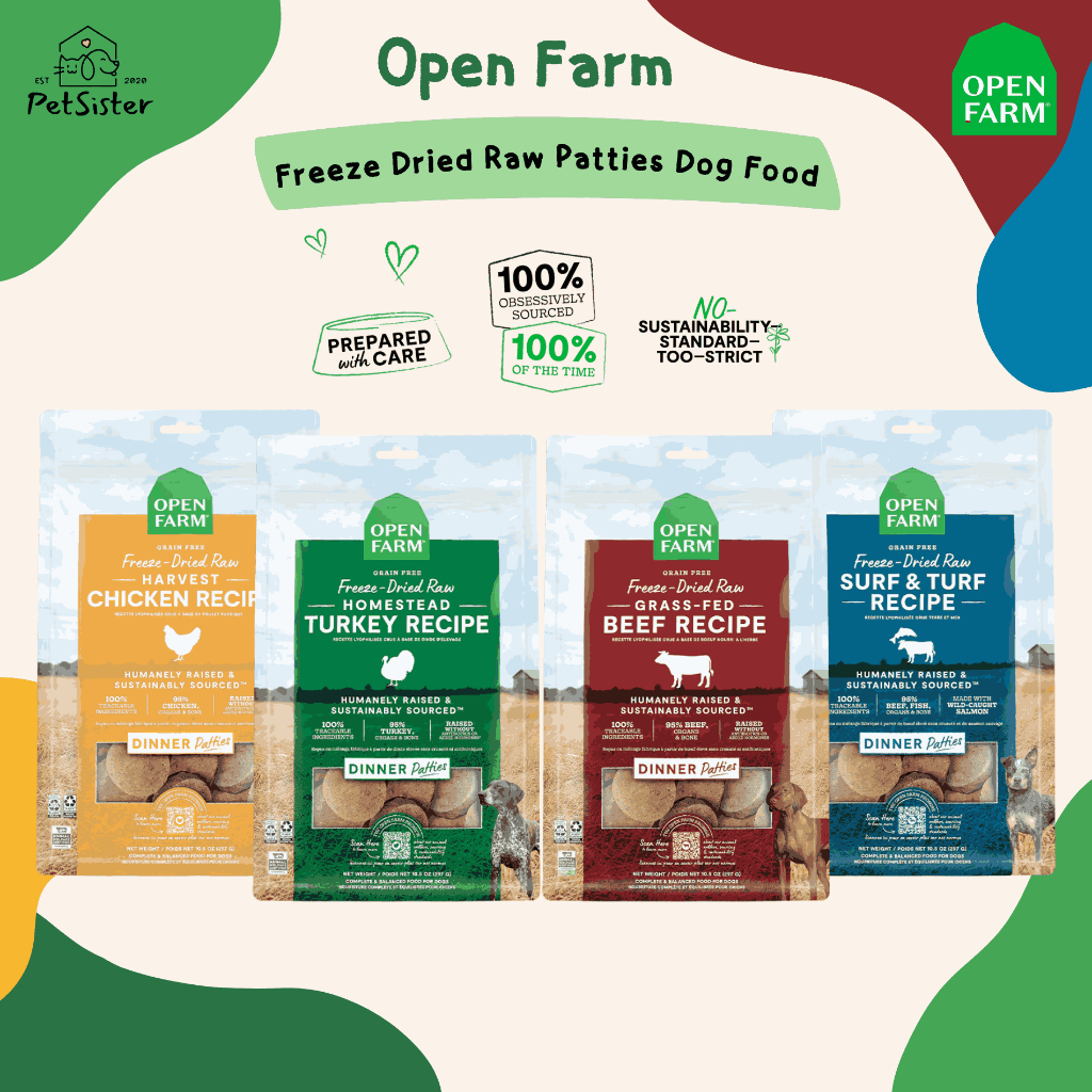 🐶Open farm Freeze Dried Raw Patties Dog Food 297g อาหารสุนัขเกรดพรีเมี่ยม x Petsister