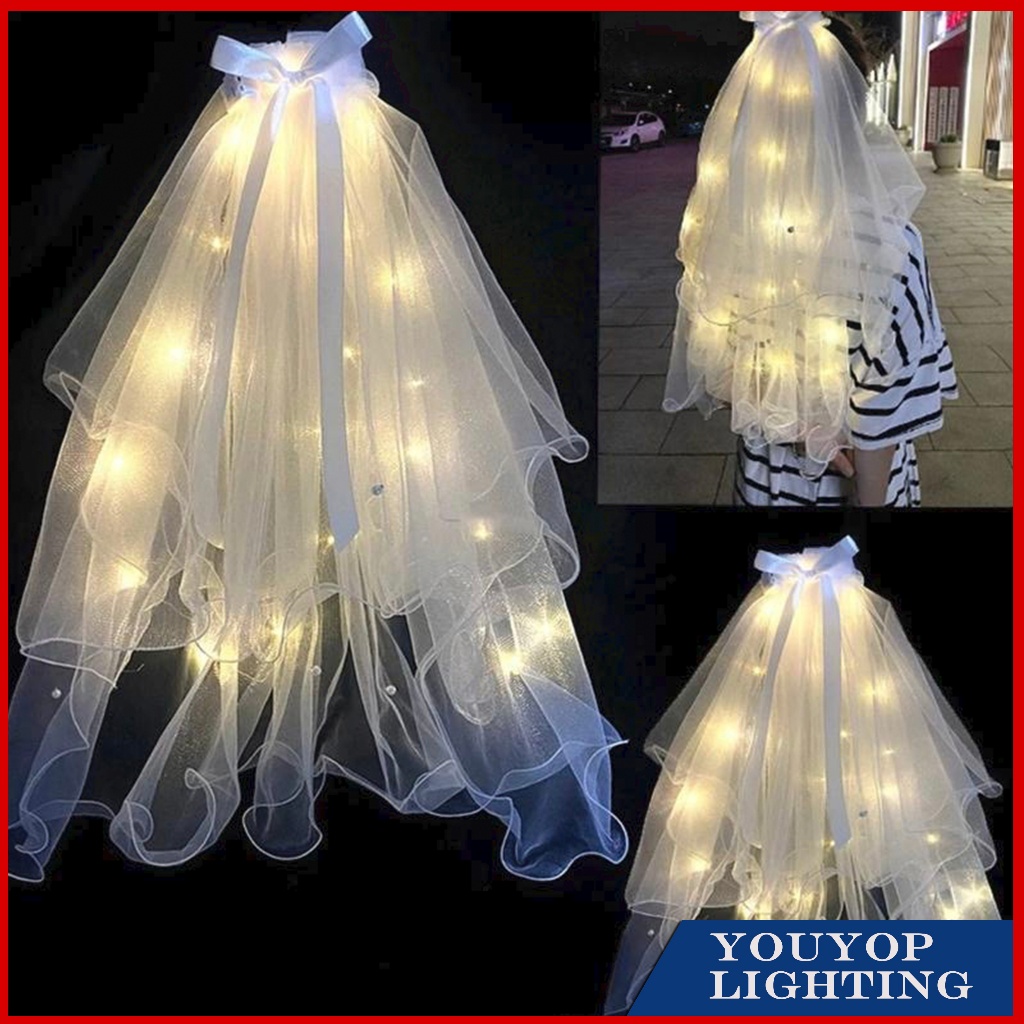 (พร้อมส่งจากไทย) 👰🏻‍♀️ผ้าคลุมผมเจ้าสาวประดับไฟ เวลเจ้าสาวประดับไฟ พร้อมไฟลวด ฟรีถ่าน มีไฟ เป็นแบบ กิ๊บติดง่าย