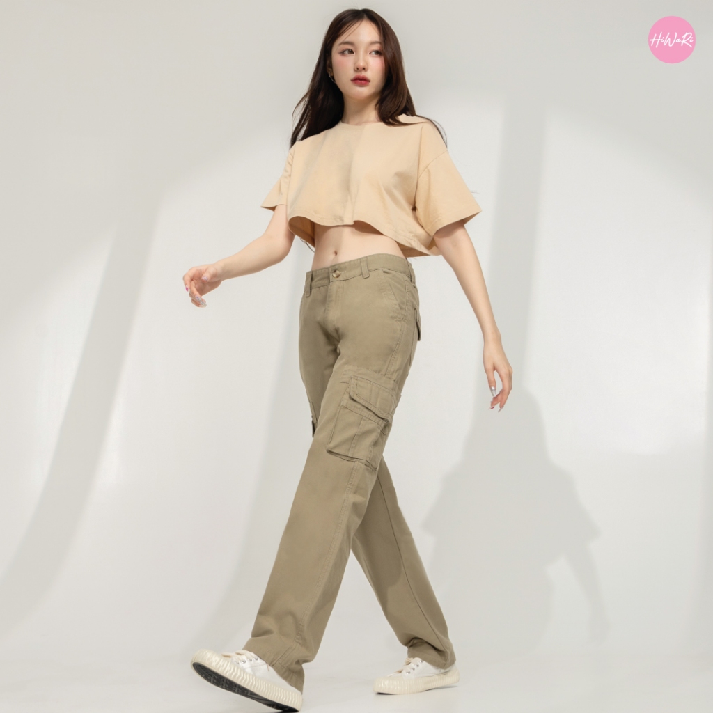 ส่งฟรี HIWARI JEANS รุ่น H9 ทรงกระบอก คาร์โก้ ผ้าสี เอวกลาง
