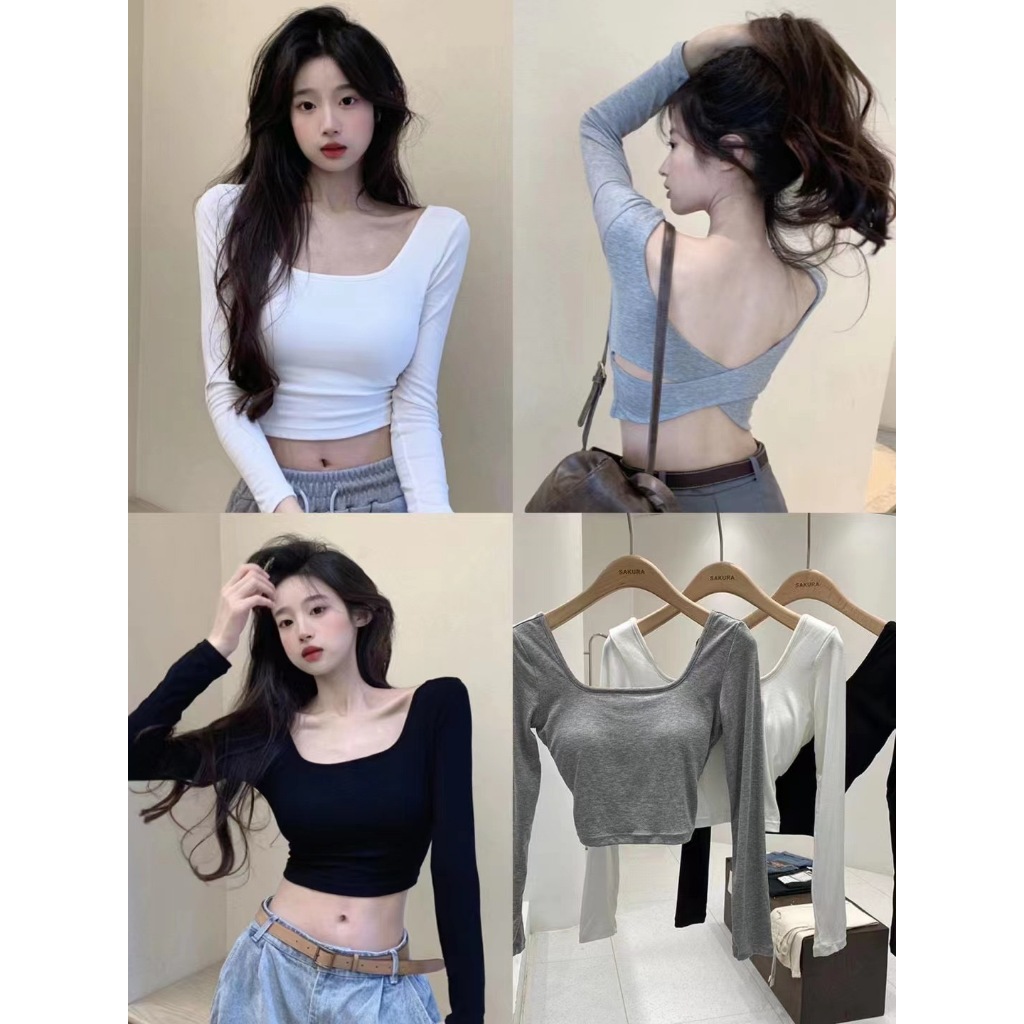เสื้อแขนยาวโชว์หลัง เสื้อแฟชั่นผู้หญิง อก30-38นิ้ว