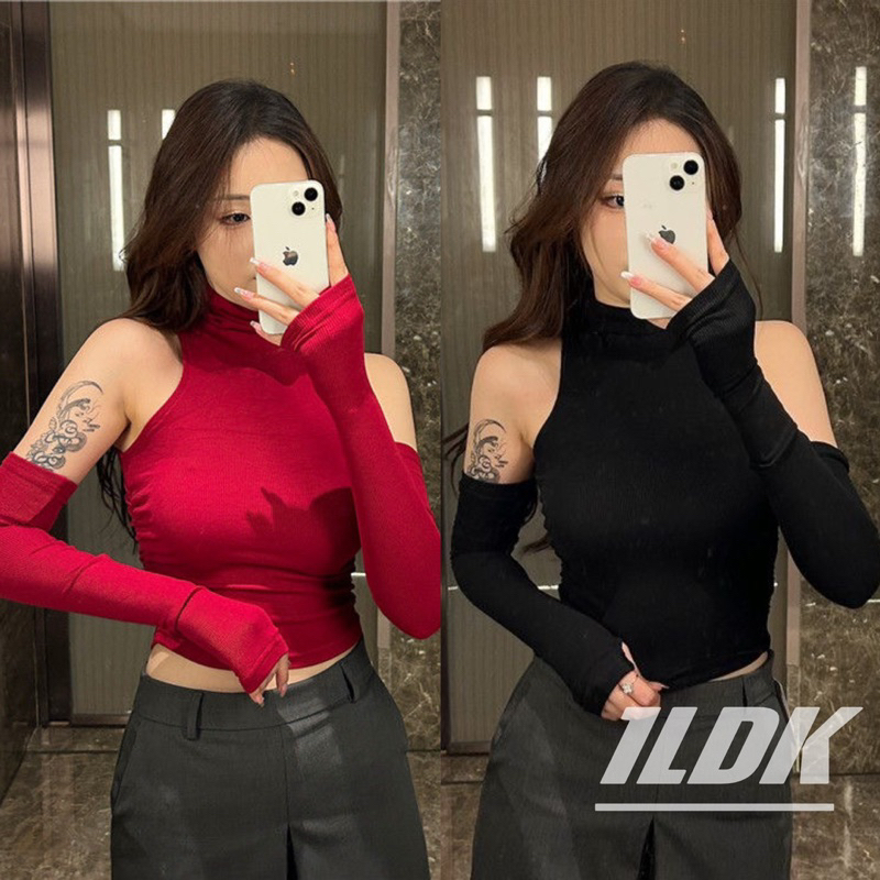 1LDK พร้อมส่ง เสื้อคอเต่า แขนกุด ดีเทลต่อแขน รัดรูป หย่นข้าง(B071)