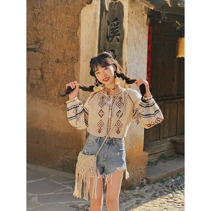 MOOKRINSTYLE เสื้อปักลายโบฮีเมียน มีสายผูกหน้า รูปที่ 7