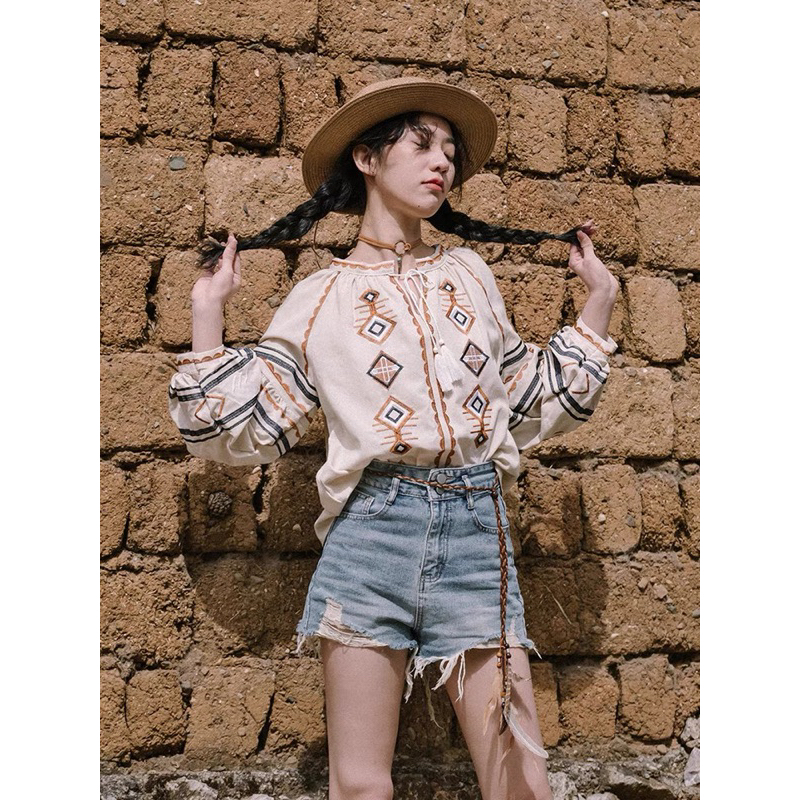 MOOKRINSTYLE เสื้อปักลายโบฮีเมียน มีสายผูกหน้า รูปที่ 4