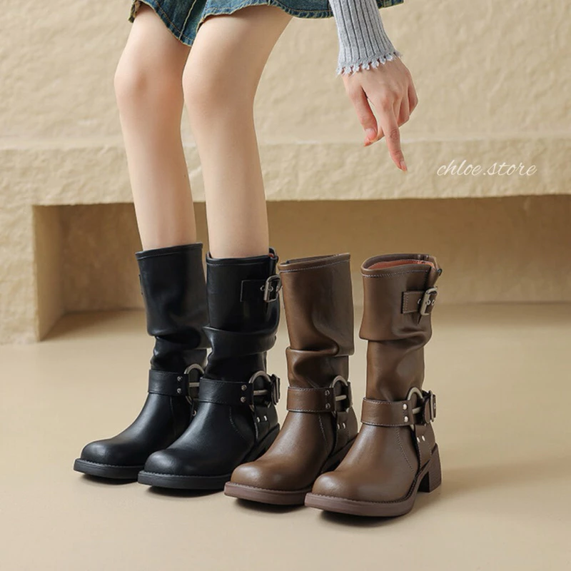 chloe.store 🤎พร้อมส่ง 36-40 🤎 รองเท้าบูทหุ้มข้อสูงสีน้ำตาล ดำ แต่งเข็มขัด