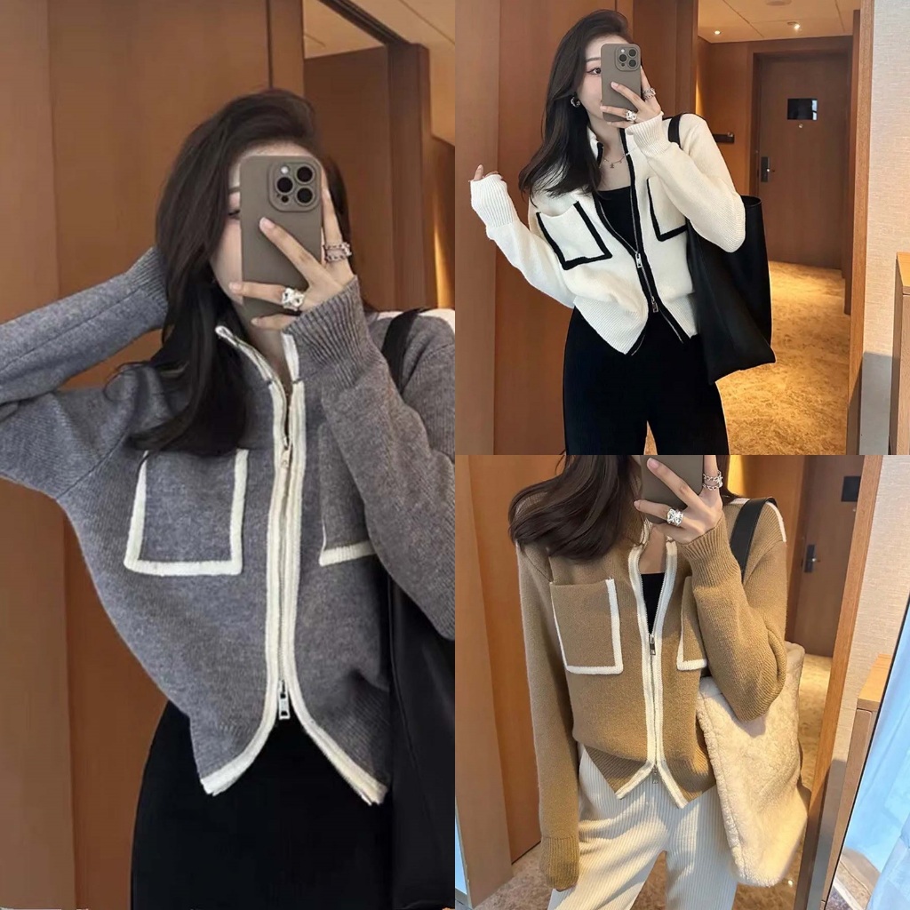 ส่งด่วน เสื้อกันหนาวไหมพรม แต่งกระเป๋าด้านหน้า เนื้อดีเนื้อหนา รูดซิปได้ทั้งบนเเละล่างจ้า