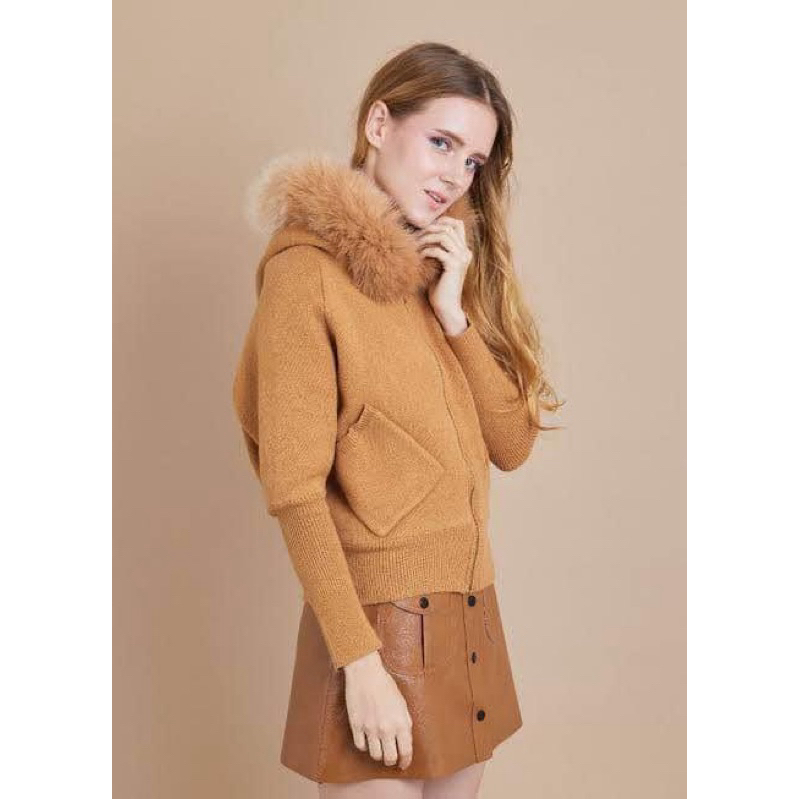 สีดำ Coatover sweater extra warm fur fox & hood