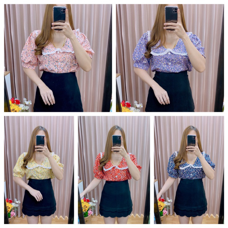 เสื้อคอบัวระบายย่นลูกไม้ดอกเดซี่อก42ยาว23
