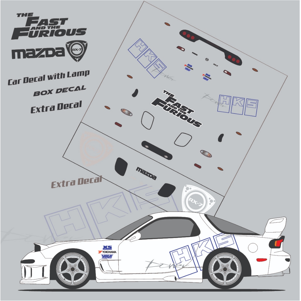 ดีคอลน้ำ  RX-7 Mazda HKS OIL POWER Fast and furious 1/64 หมึกขาว ครบชุด รถฟาส ฟาสแอนฟิวเรียส  พร้อมไ
