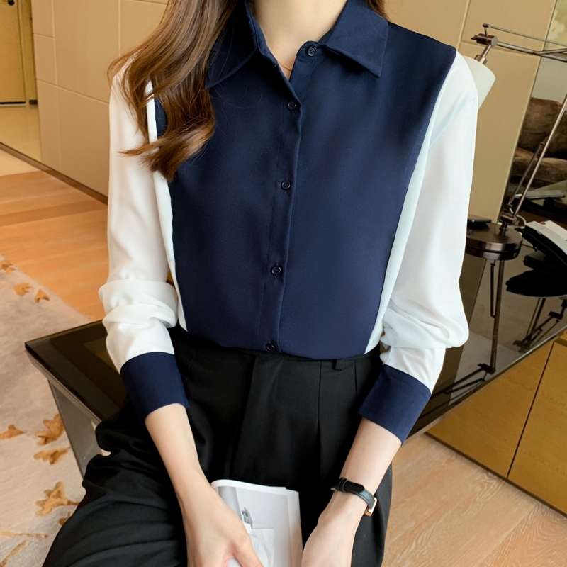 เสื้อเชิ้ตทำงาน สาวอวบ แขนยาว สีกรม สีฟ้า สีดำ คาดขาว มี 3 สี สไตล์เกาหลี