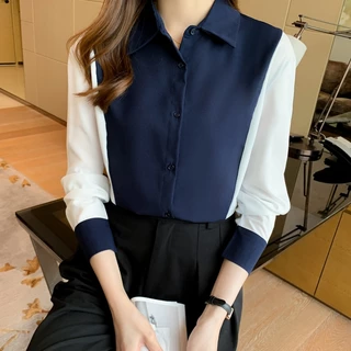 เสื้อเชิ้ตทำงาน สาวอวบ แขนยาว สีกรม สีฟ้า สีดำ คาดขาว มี 3 สี สไตล์เกาหลี