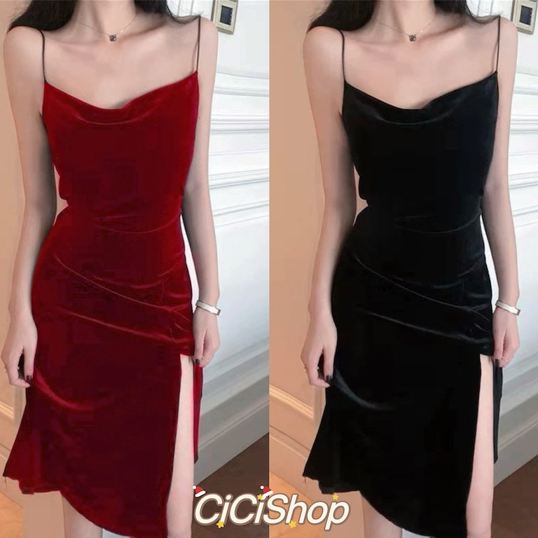 Cicishop(3175)ชุดเดรสสายเดี่ยว ผ้ากำมะหยี่ มีซิปหลัง ดีเทลสายผูกเอวเข้ารูป เเหวกข้าง ใส่ออกงานได้ สไตล์เรียบหรู