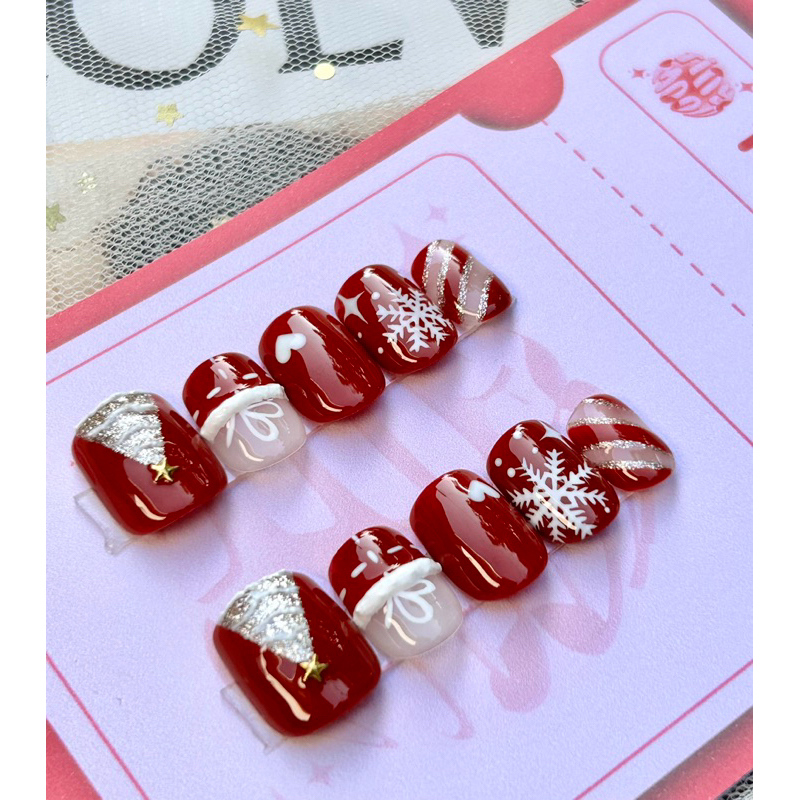 เล็บเจลแท้ เล็บปลอมสีเจลแท้ สีไม่ลอกไม่ร่อนง่าย แข็งแรง เล็บเจลแท้ christmasเลือกทรงได้แถมฟรีกาวตะไบ