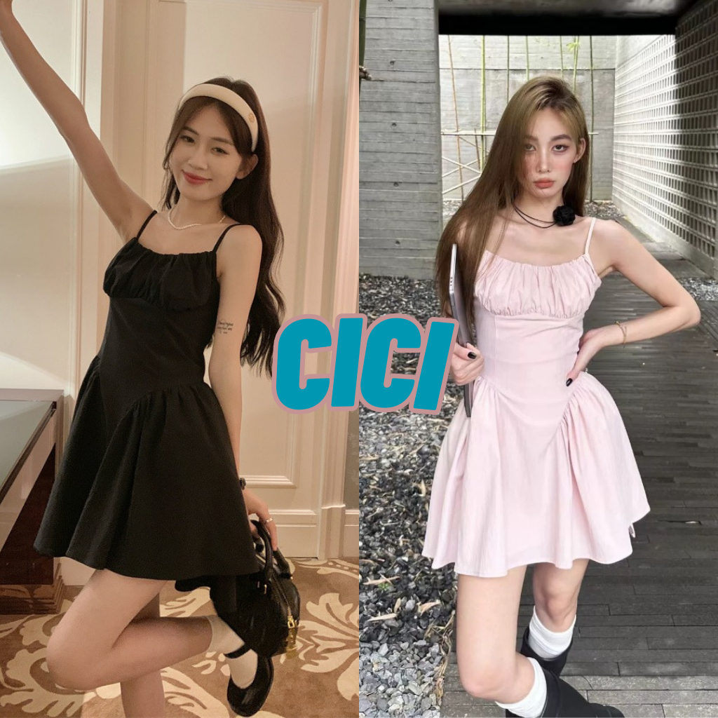 ส่งทันที Cici(NO. 3168)เดรสสายเดี่ยว ผ้าคอตตอน ทรงสลิม สายปรับได้ มีซิปหลัง สไตล์สาวเวียดนาม