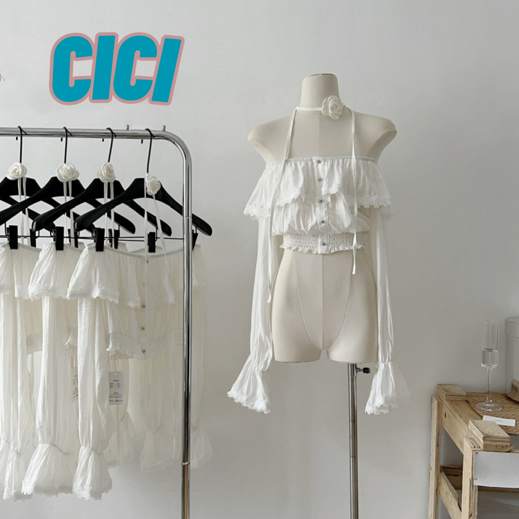 ส่งทันที Cici(NO. 3162)เสื้อครอปเเขนยาวปาดไหล่ ระบายรอบอก จั๊มเเขนจั๊มเอว มาพร้อมเชือกผูกดอกกุหลาบ สไตล์เรียบๆเเต่ดูแพง