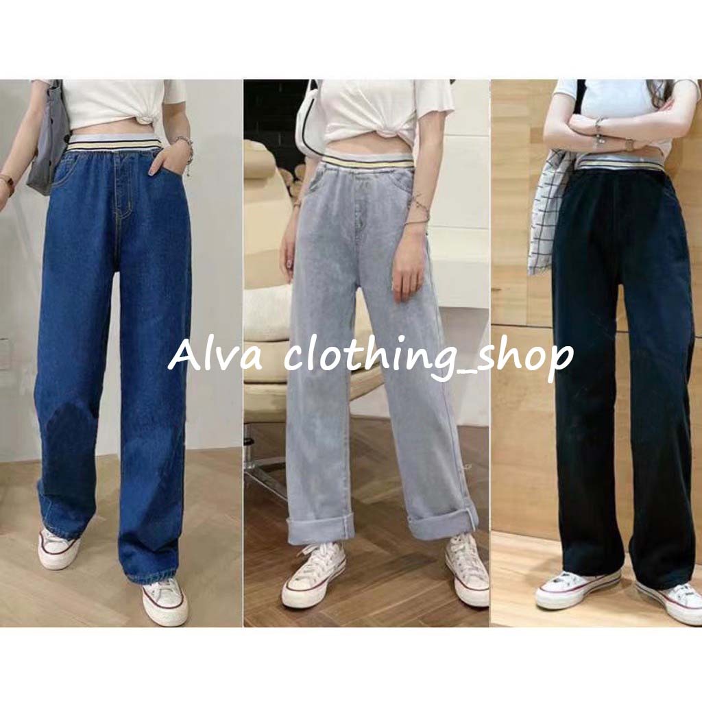 Alva กางเกงยีนส์เอวยางยืด ขอบยางยืดลายสีสันสวยงาม #8529