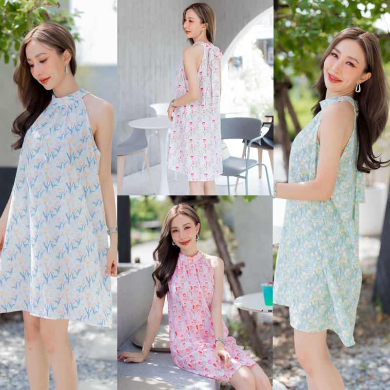 Tulip mini dress มินิเดรสคอปีนโบว์หลัง ลายดอกทิวลิป หวานละมุน โทนสีน่ารักมากๆค่ะ