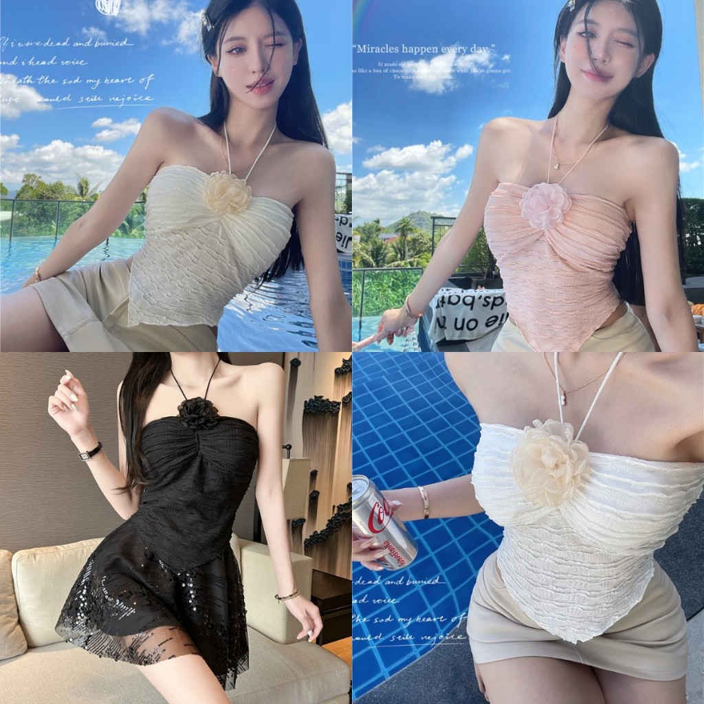 พร้อมส่ง เสื้อเกาะอกไหมพรม เสื้อครอปคล้องคอ เกาะออก แต่งดอกไม้หน้าอก #22108