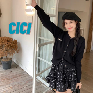 ส่งทันที Cici(NO. A1798+J880+J899)Bow Set เสื้อไหมพรมแขนยาวกระดุมโบว์+กระโปรงสั้นชายระบายลายโบว์ ใส่แมตช์น่ารัก