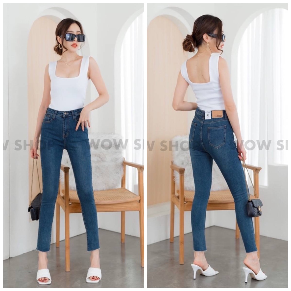 กางเกงยีนส์ผู้หญิง ทรงขาเดฟ(ผ้ายืด) ป้ายWOW ฟอกสีเข้ม แบบเรียบๆ No.8201