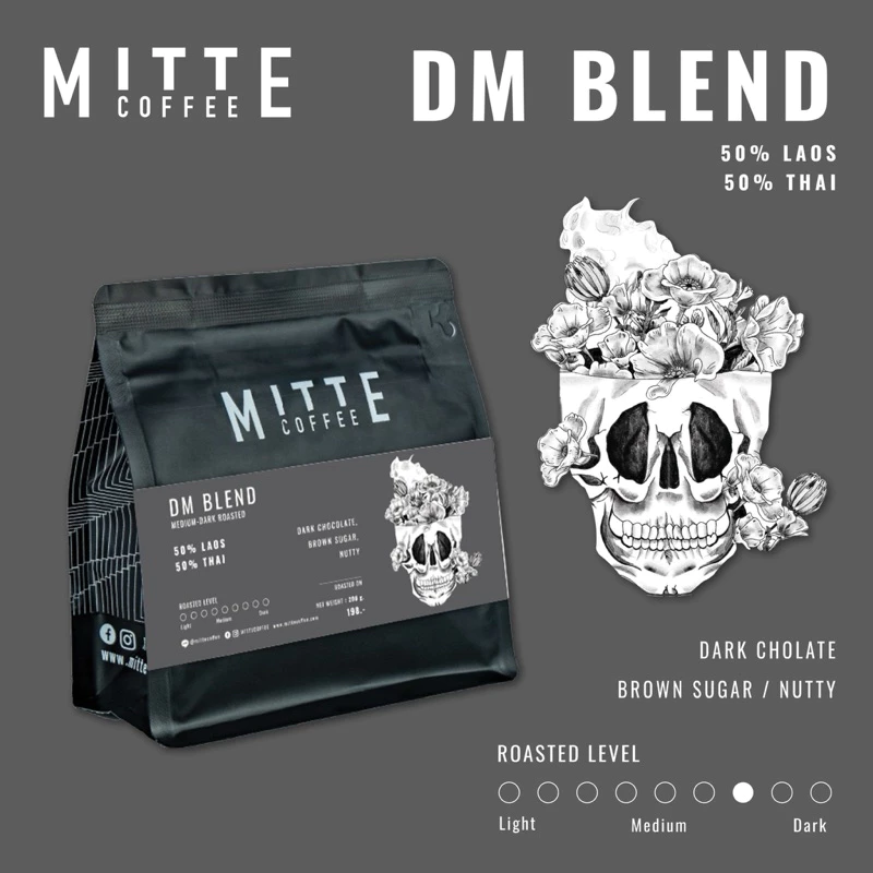 Mitte coffee เมล็ดกาแฟอราบิก้าคั่วกลาง - เข้ม DM blend มี 3 ขนาด 200 กรัม / 500 กรัม / 1 กิโลกรัม