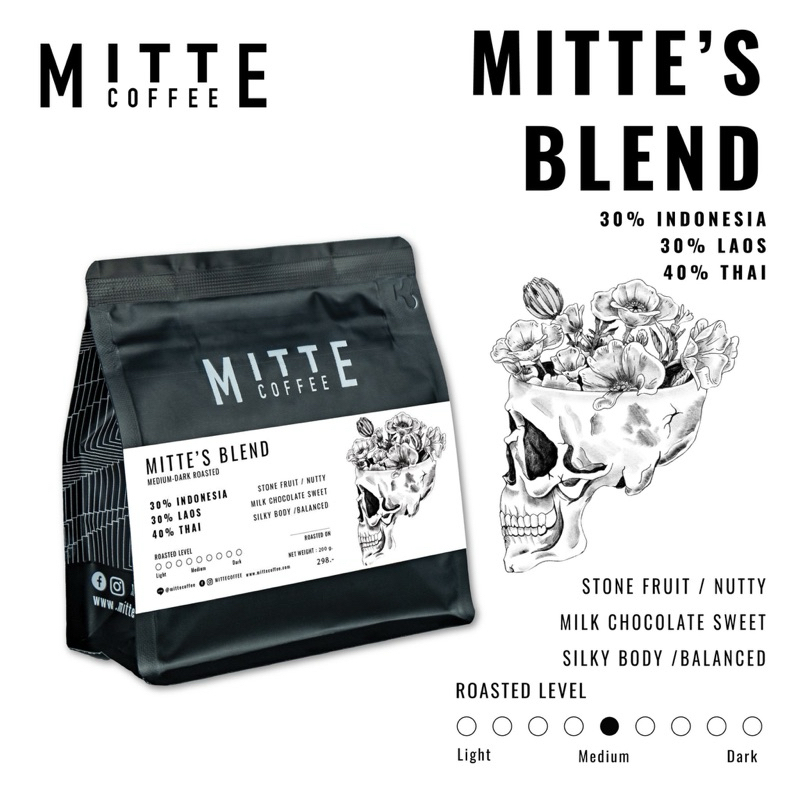 Mitte coffee เมล็ดกาแฟคั่วกลาง Mitte's Blend มี 3 ขนาด 200 กรัม / 500 กรัม /  1 กิโลกรัม