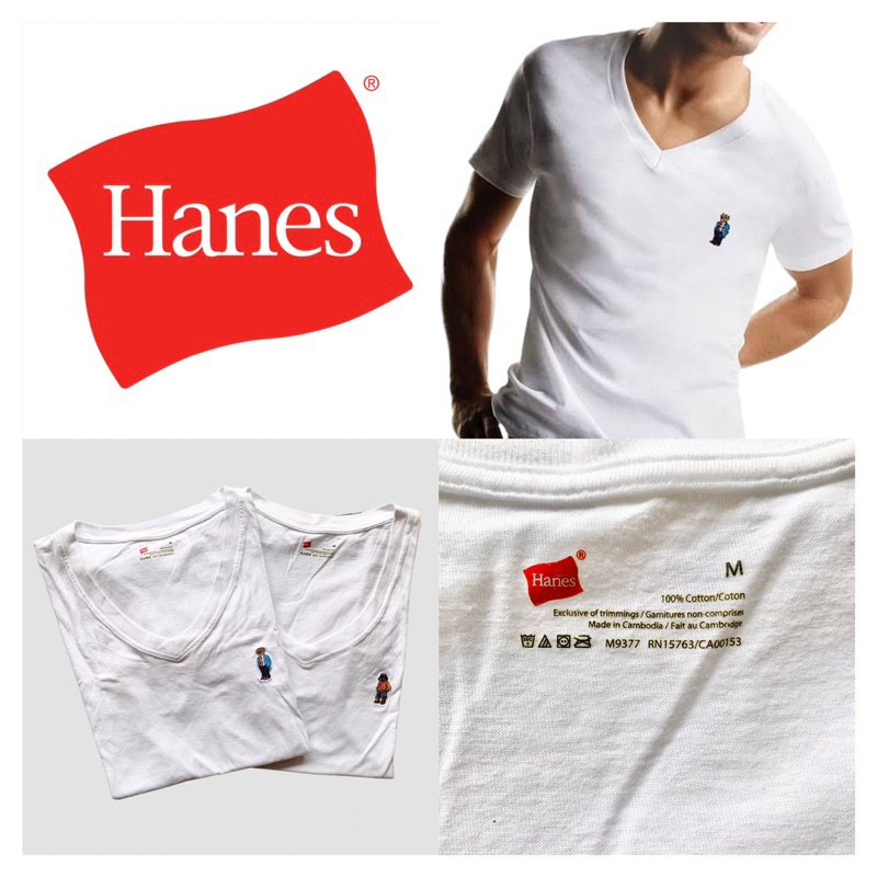 Hanes เสื้อยืด คอวี แขนสั้น สีขาว ปักหมี มีไซส์🧸