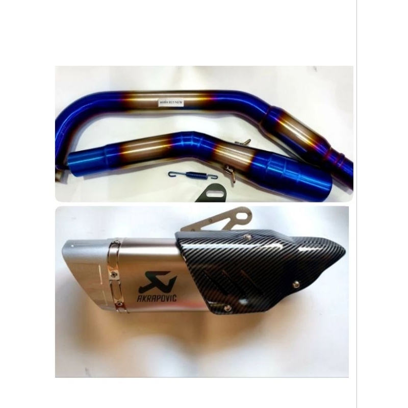 คอท่อ New R15/MT-15/XSR155 งานแสตนเลส ไทเท พร้อมปลายท่อ Akrapovic R1 เงิน