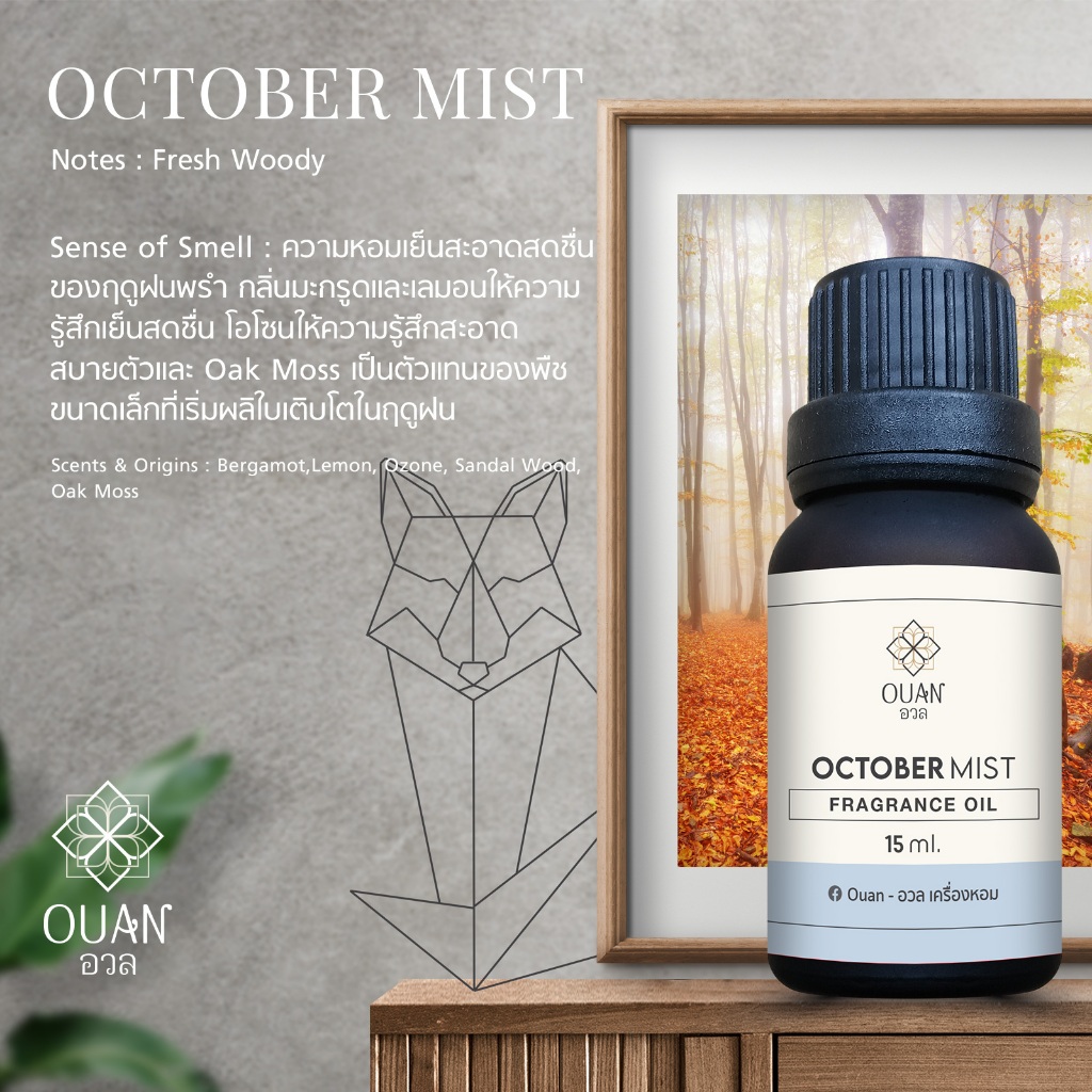 Fragrance Oil กลิ่น October Mist เย็น สดชื่น สงบ | อวล | น้ำมันหอมแบบหยดชนิดเข้มข้น ขนาด 15 ml. พร้อ