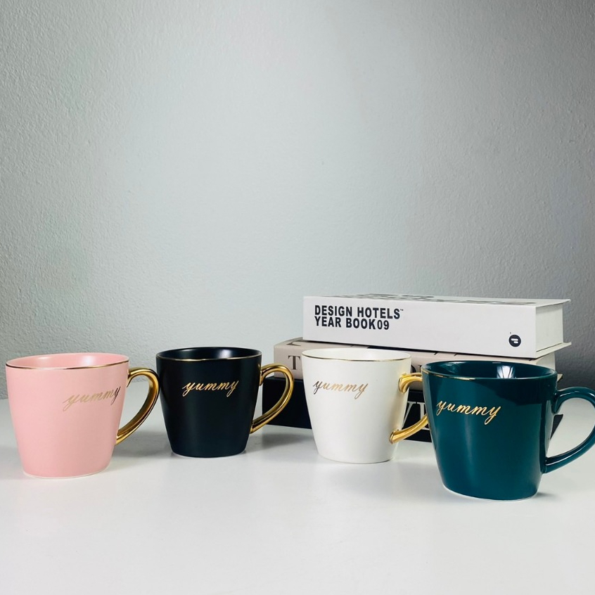 coffee mug แก้วมัคกาแฟ แก้วกาแฟหรู ขอบทอง มีให้เลือก 4สี ขนาด3.5 x 3นิ้ว