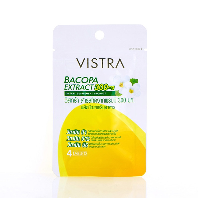 VISTRA BACOPA EXTRACT 300 MG (4 TABS) วิสทร้า บาโคปา สารสกัด พรมมิ วิตามินบี 1,6,12 (1 ซอง*4 เม็ด)