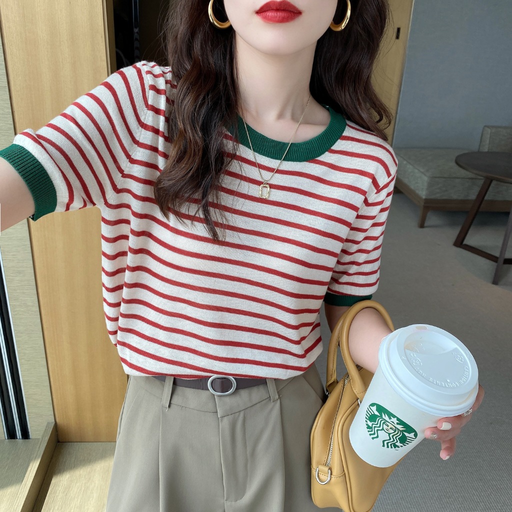 ( 614 ) เสื้อยืด ผ้าไหมพรม คอกลม แขนสั้น ดีไซส์ลายริ้ว แต่งสีกุ้นคอกุ้นแขน เสื้อผ้าแฟชั่นสไตล์เกาหลี