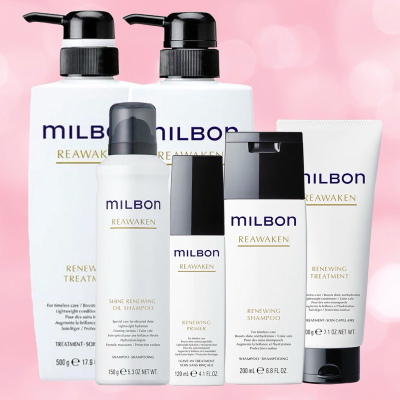 MILBON REAWAKEN Renewing 120 150 200 500 ML.แชมพู ทรีตเมนต์เพื่อคืนความอ่อนเยาว์ให้เส้นผมเรียงตัวสวยนุ่ม ชุ่มชื้นดังเดิม