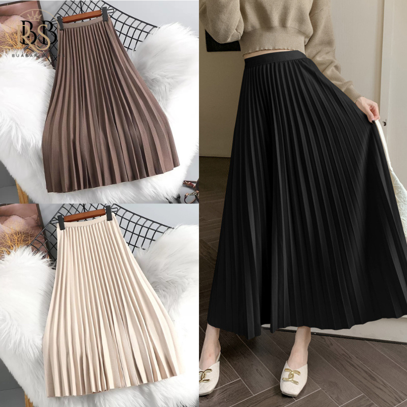 5526 กระโปรงพลีท รุ่นยาวพิเศษ กระโปรงเอวสูงงานเรียบหรูดูดี จีบแน่น จีบสวย ผ้าโปโลมันเงา(ผ้าไม่เงามาก) ยาว37นิ้ว ฟรีไซส์