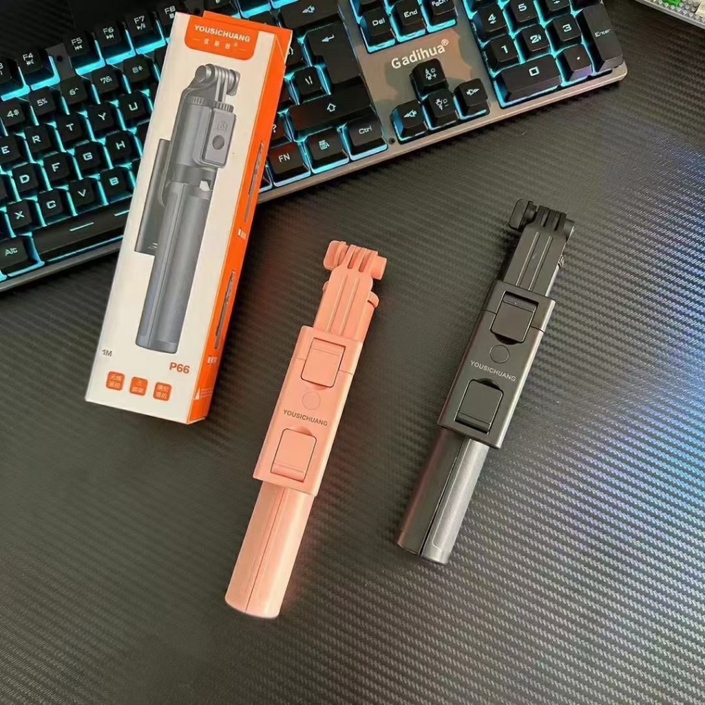 ไม้เซลฟี่มาใหม่ !! อันเล็กแข็งแรงพร้อมขาตั้ง 3 ขามีรีโมตบลูทูธยืดได้1เมตรพับเก็บ20 cm รุ่น P66ใช้งานง่ายพกพาง่ายกล่องสวย