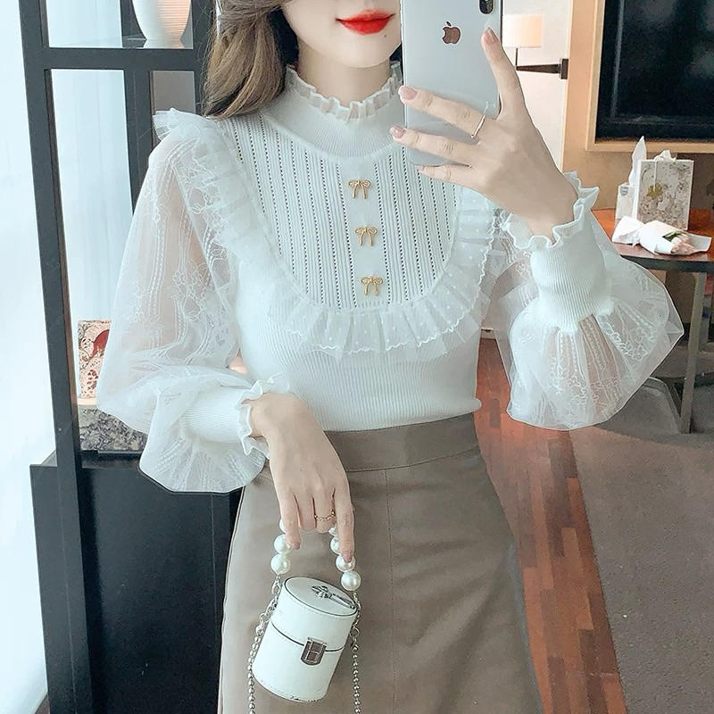 new🌤️ เสื้อลูกไม้ตาข่ายสไตล์เกาหลีแขนยาวขอบลูกไม้ แขนยาวลูกไม้ เสื้อคอเต่าลูกไม้