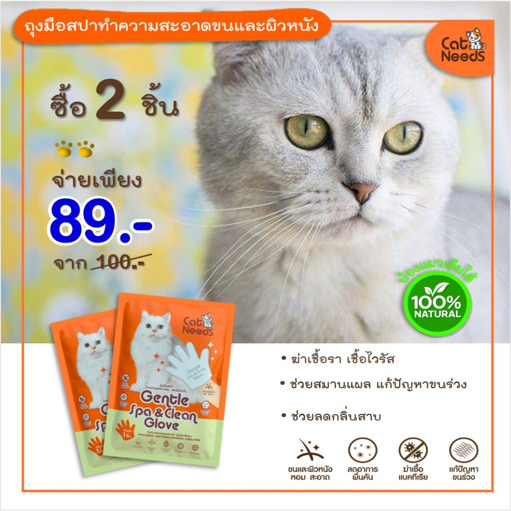 ถุงมือสปาจำนวน 2 ชิ้น ผ้าเปียกป้องกันเชื้อโรค แบคทีเรีย เชื้อรา ลดกลิ่นสาป ทำความสะอาดขนและผิวหนังแมว-หมา
