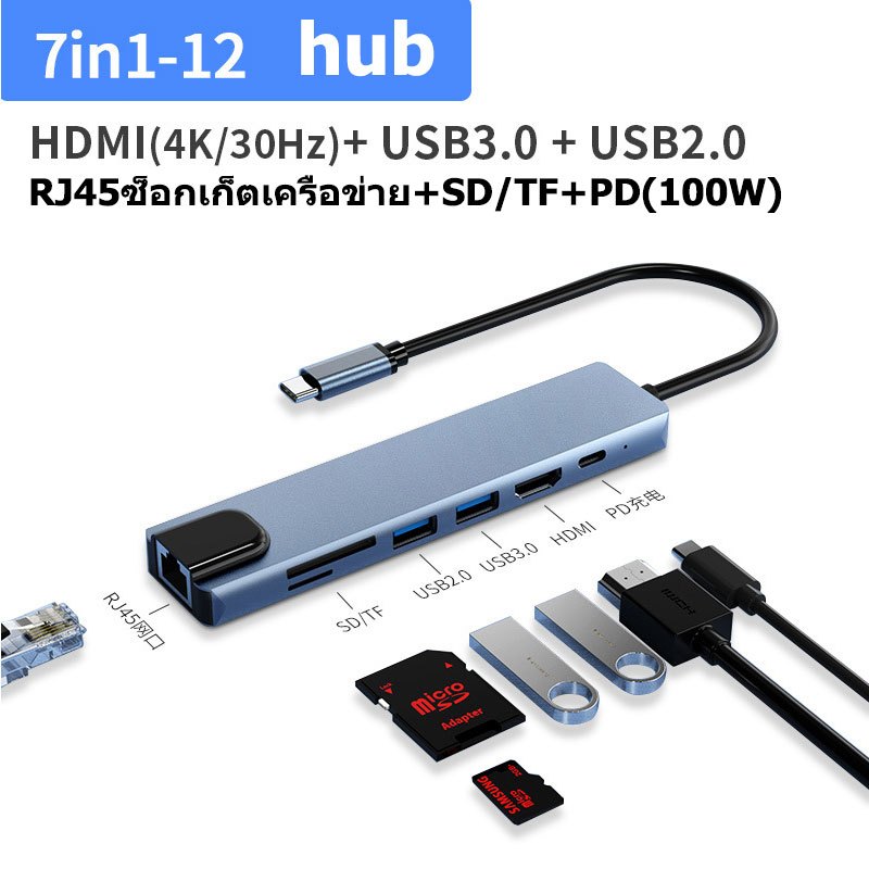 อะแดปเตอร์ฮับ 7-in-1 Type C HUB เป็น USB 3.0 + USB + HDMI 4K + USB-c + PD100w + RJ 45 100Mbps + SD/TF USB C HUB 3.5 มม