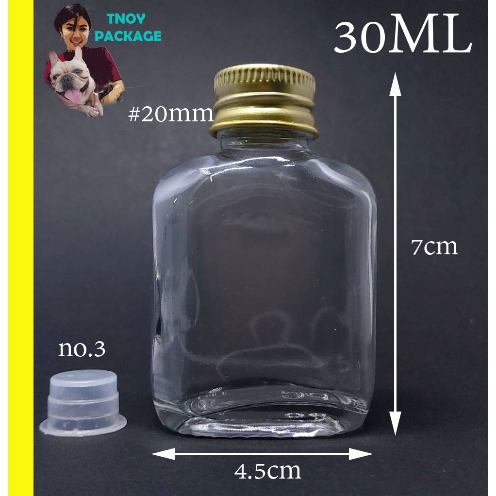 ขวด 30 มล. (25ใบ) ขวดแบน 30ml ขวดแก้วใส 30cc จุกปิดno.3+ฝา